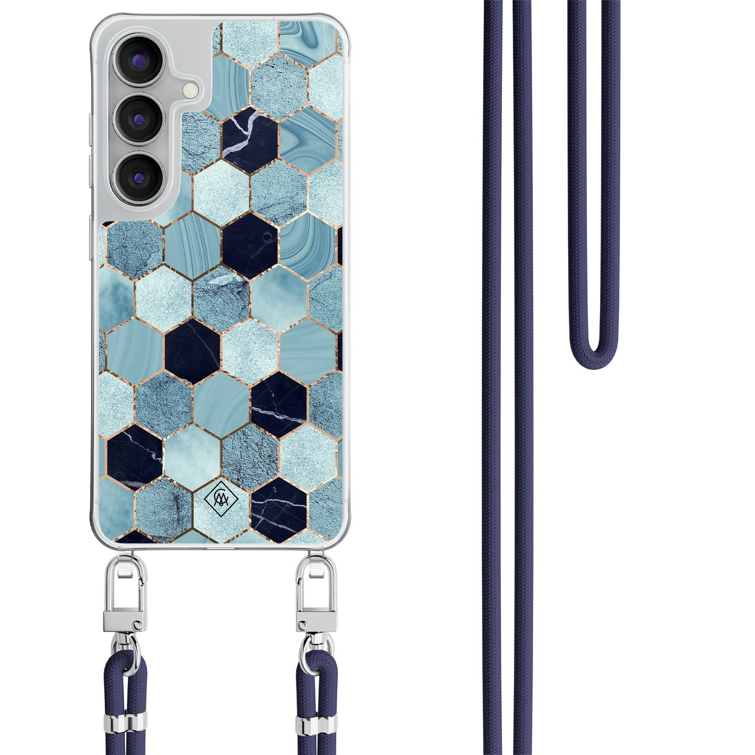 Samsung Galaxy S25 FE hoesje met donkerblauw koord Blue cubes
