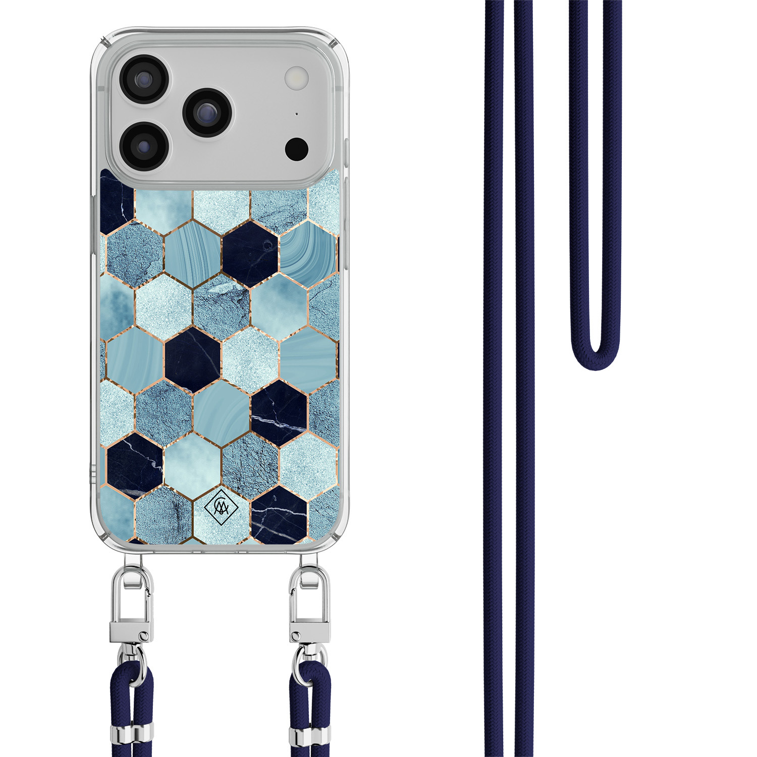iPhone 17 Pro hoesje met donkerblauw koord Blue cubes