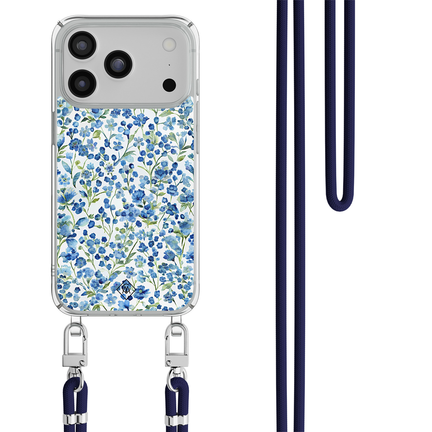 iPhone 17 Pro hoesje met donkerblauw koord Vintage blue floral