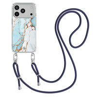 Casimoda iPhone 17 Pro hoesje met donkerblauw koord - Marmer lichtblauw