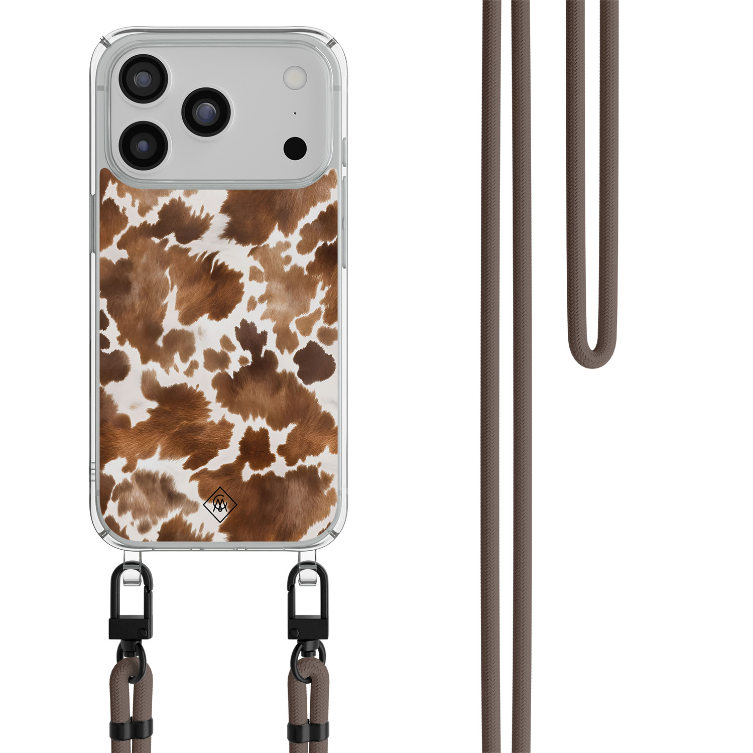 Phone 17 Pro hoesje met donkerbruin koord Koeienprint