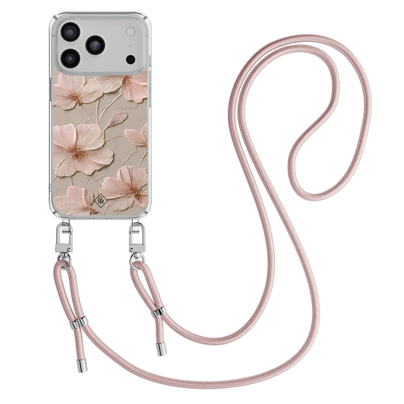 Casimoda iPhone 17 Pro hoesje met rosegoud koord - Soft flowers