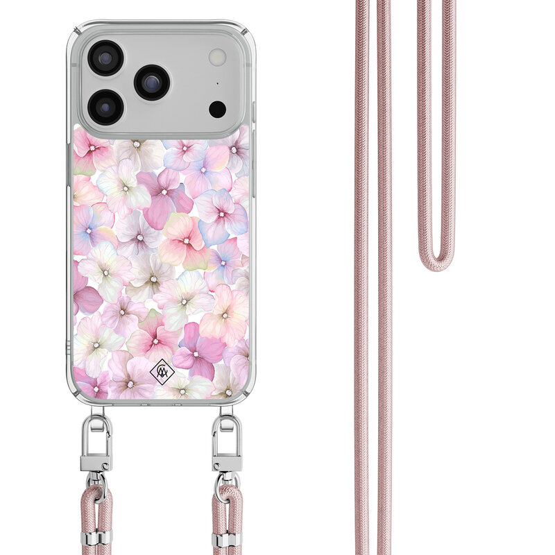 Casimoda iPhone 17 Pro hoesje met rosegoud koord - Hortensia
