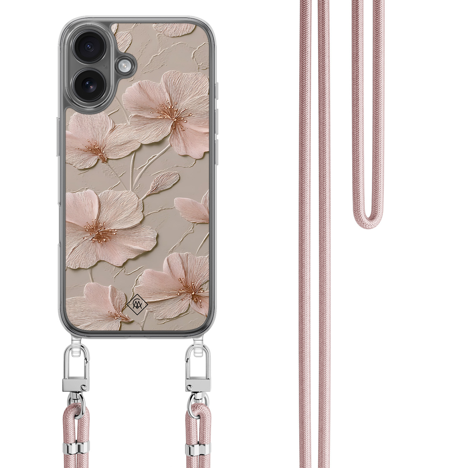 iPhone 17 hoesje met rosegoud koord Soft flowers