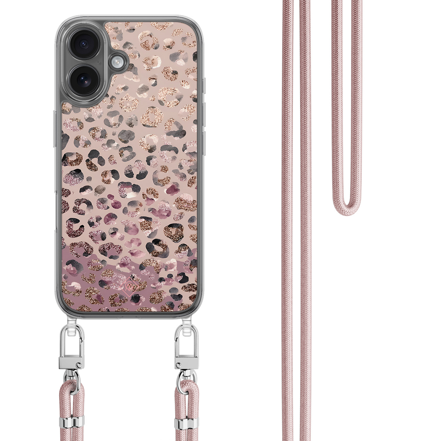 iPhone 17 hoesje met rosegoud koord Rosé Leopard