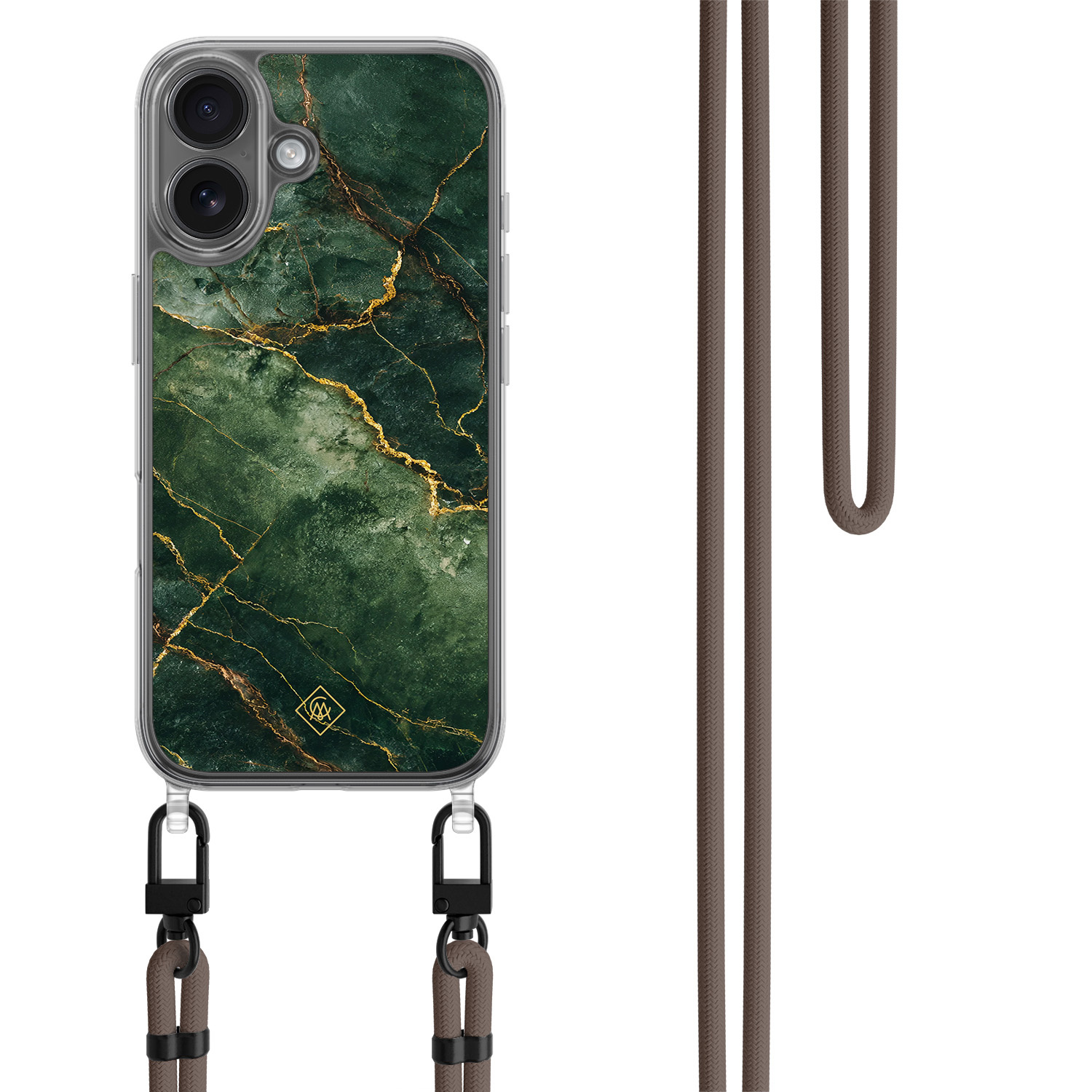 iPhone 17 hoesje met donkerbruin koord Emerald Marble