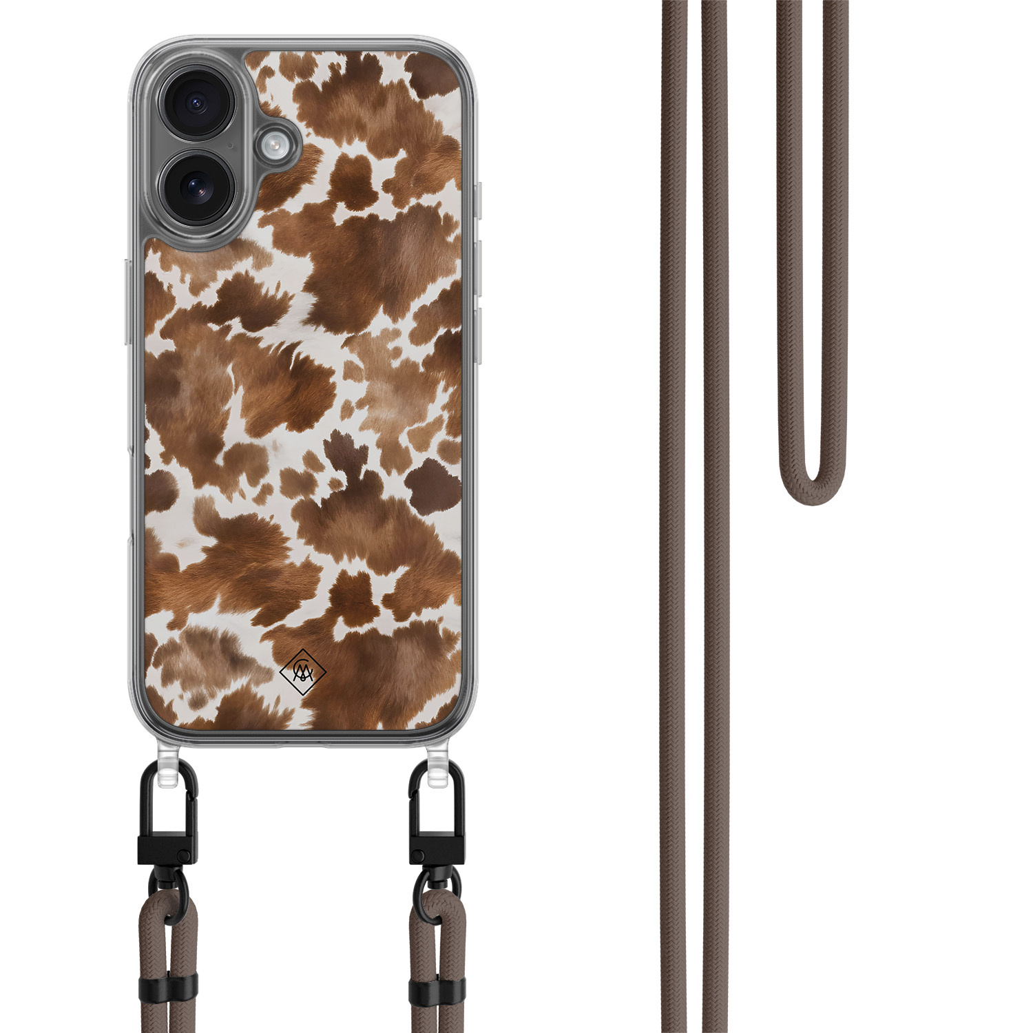 Phone 17 hoesje met donkerbruin koord Koeienprint