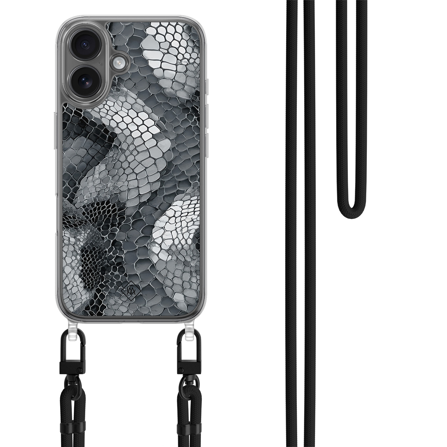 iPhone 17 hoesje met zwart koord Python grijs