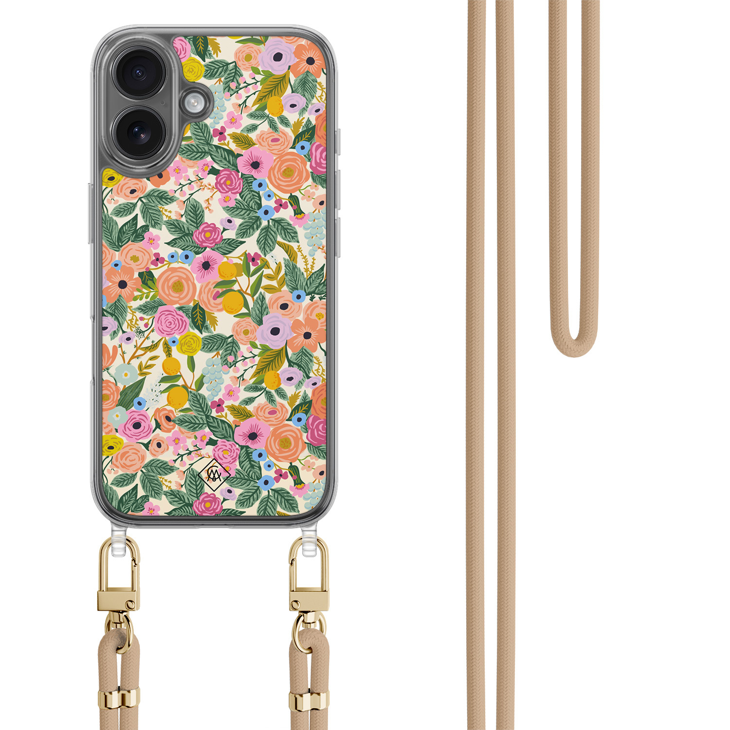 iPhone 17 hoesje met beige koord Pink garden