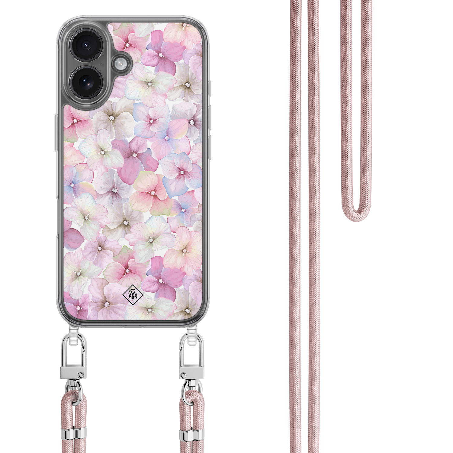 iPhone 17 hoesje met rosegoud koord Hortensia