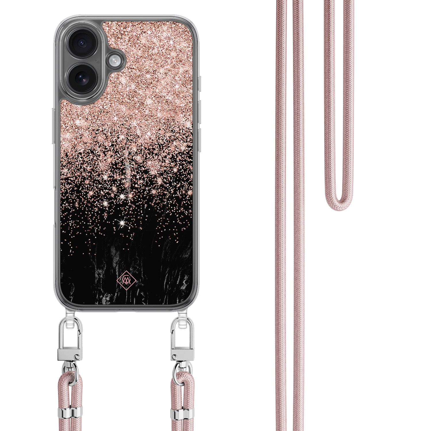 iPhone 17 hoesje met rosegoud koord Marmer twist