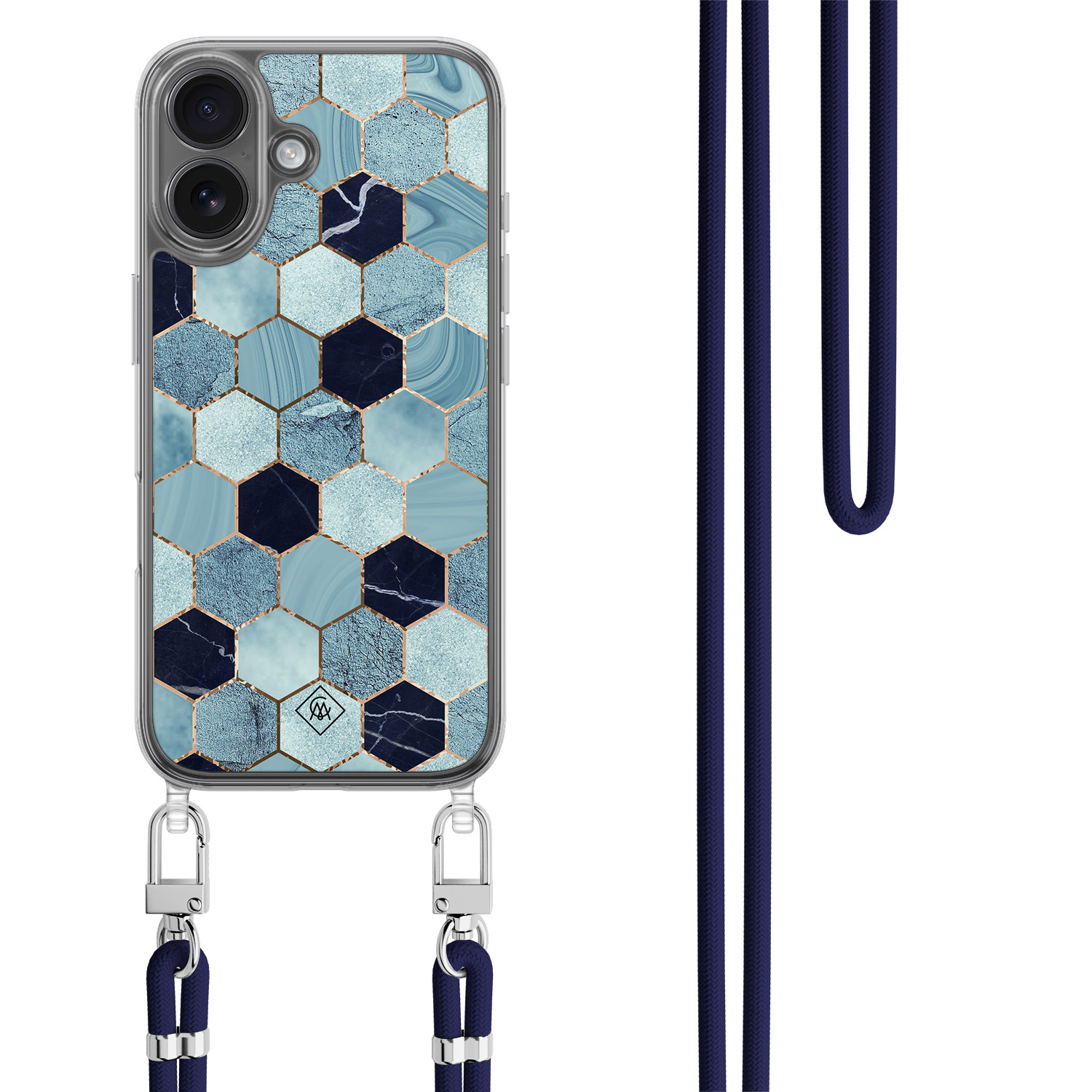 iPhone 17 hoesje met donkerblauw koord Blue cubes
