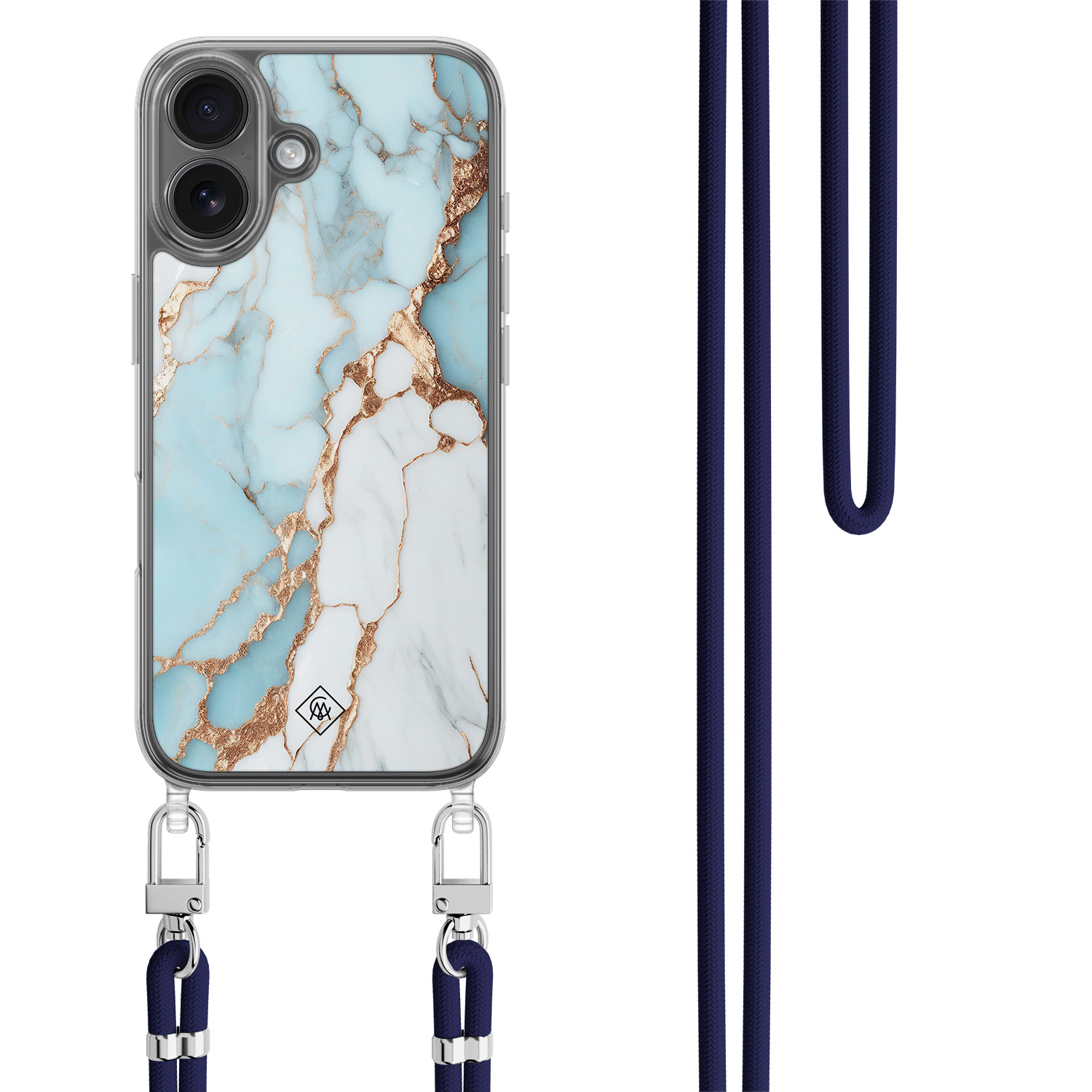 iPhone 17 hoesje met donkerblauw koord Marmer lichtblauw