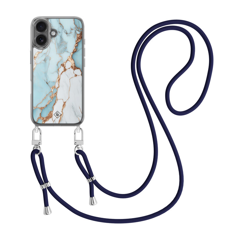 Casimoda iPhone 17 hoesje met donkerblauw koord - Marmer lichtblauw