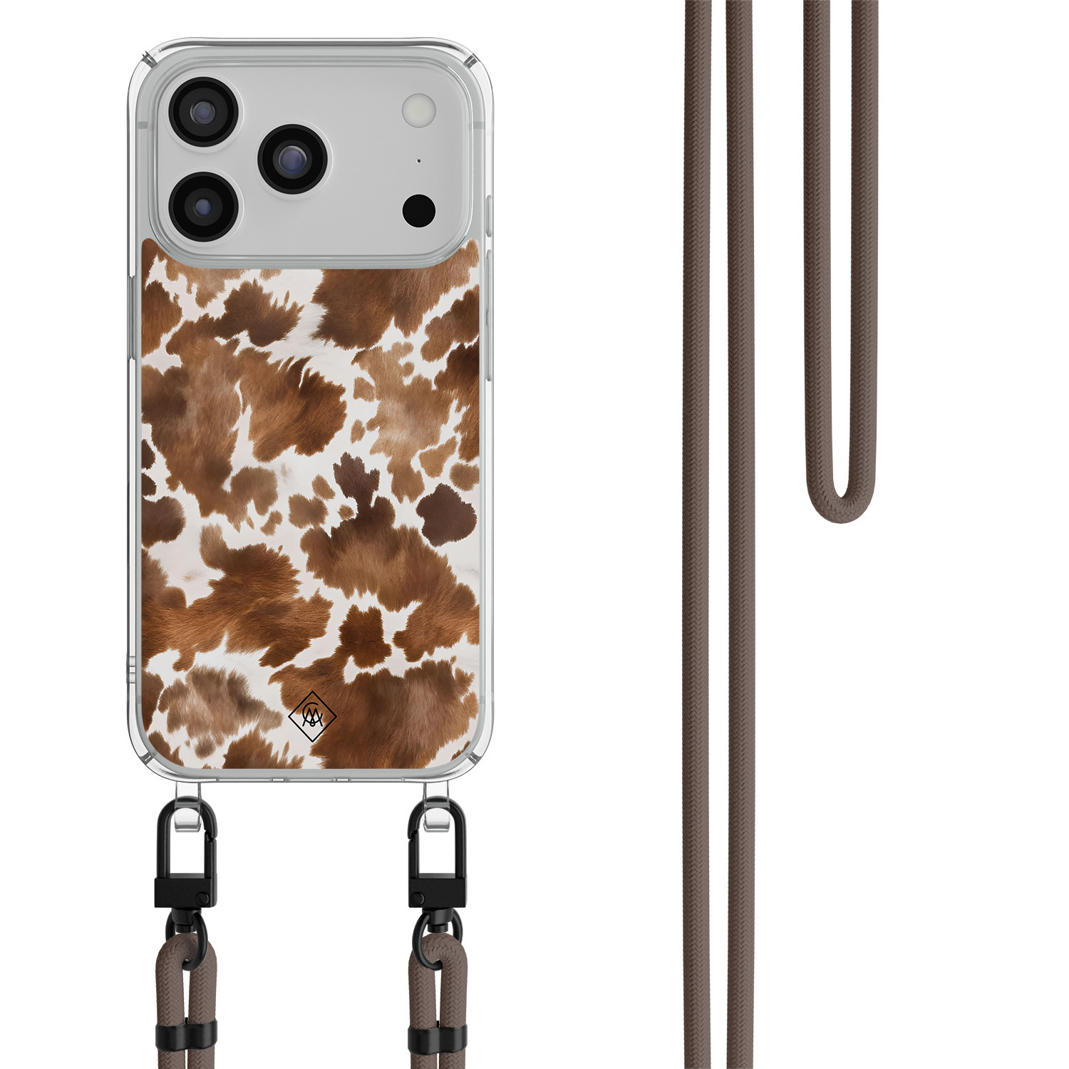 Phone 17 hoesje met donkerbruin koord Koeienprint