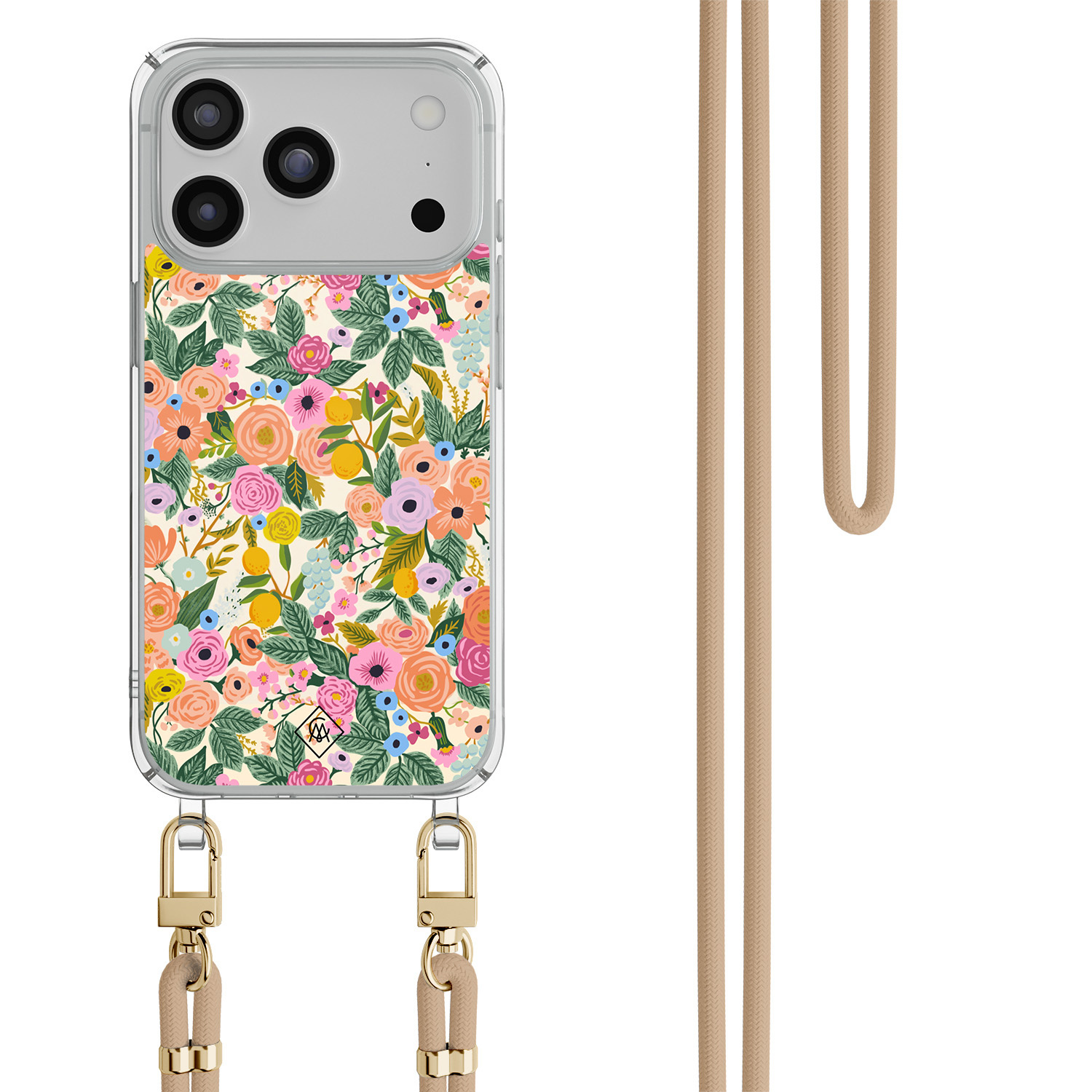 iPhone 17 Pro Max hoesje met beige koord Pink garden