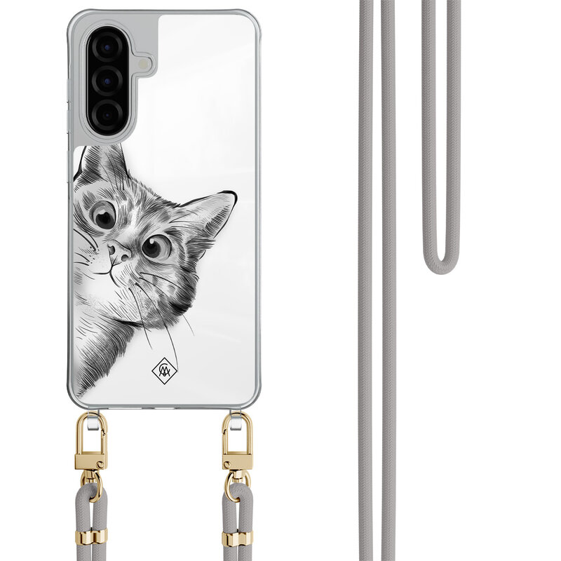 Casimoda Samsung Galaxy A57 hoesje met grijs koord - Peekaboo kat
