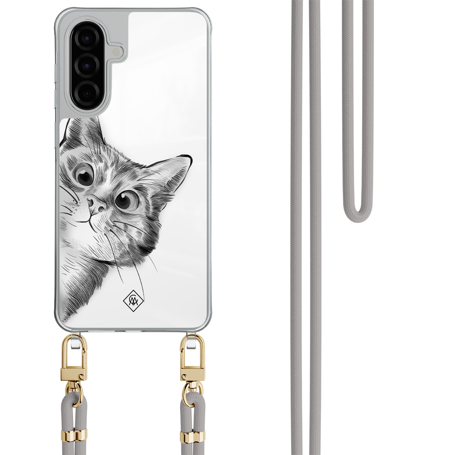 Samsung Galaxy A57 hoesje met grijs koord Peekaboo kat