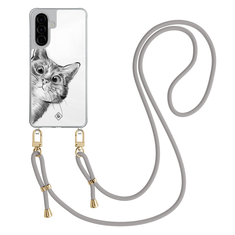 Casimoda Samsung Galaxy A57 hoesje met grijs koord - Peekaboo kat