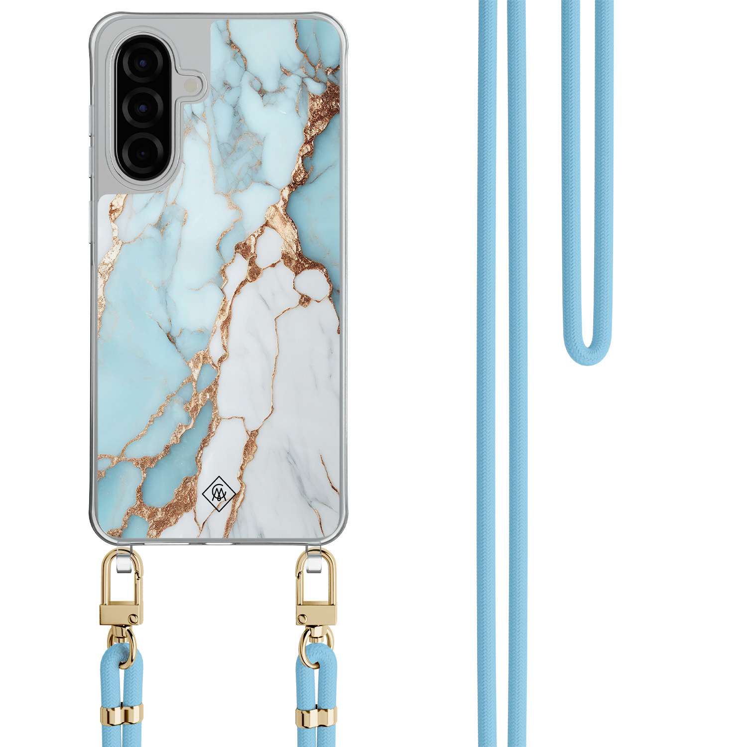 Samsung Galaxy A57 hoesje met blauw koord Marmer lichtblauw