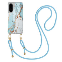 Casimoda Samsung Galaxy A57 hoesje met blauw koord - Marmer lichtblauw