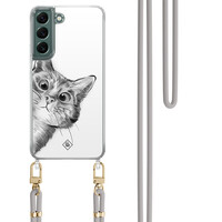 Casimoda Samsung Galaxy S22 Plus hoesje met grijs koord - Peekaboo kat