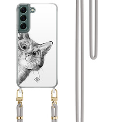 Casimoda Samsung Galaxy S22 Plus hoesje met grijs koord - Peekaboo kat