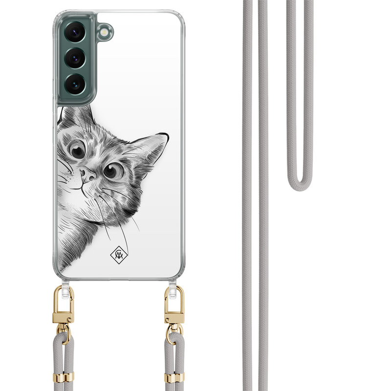 Casimoda Samsung Galaxy S22 Plus hoesje met grijs koord - Peekaboo kat