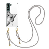 Casimoda Samsung Galaxy S22 Plus hoesje met grijs koord - Peekaboo kat