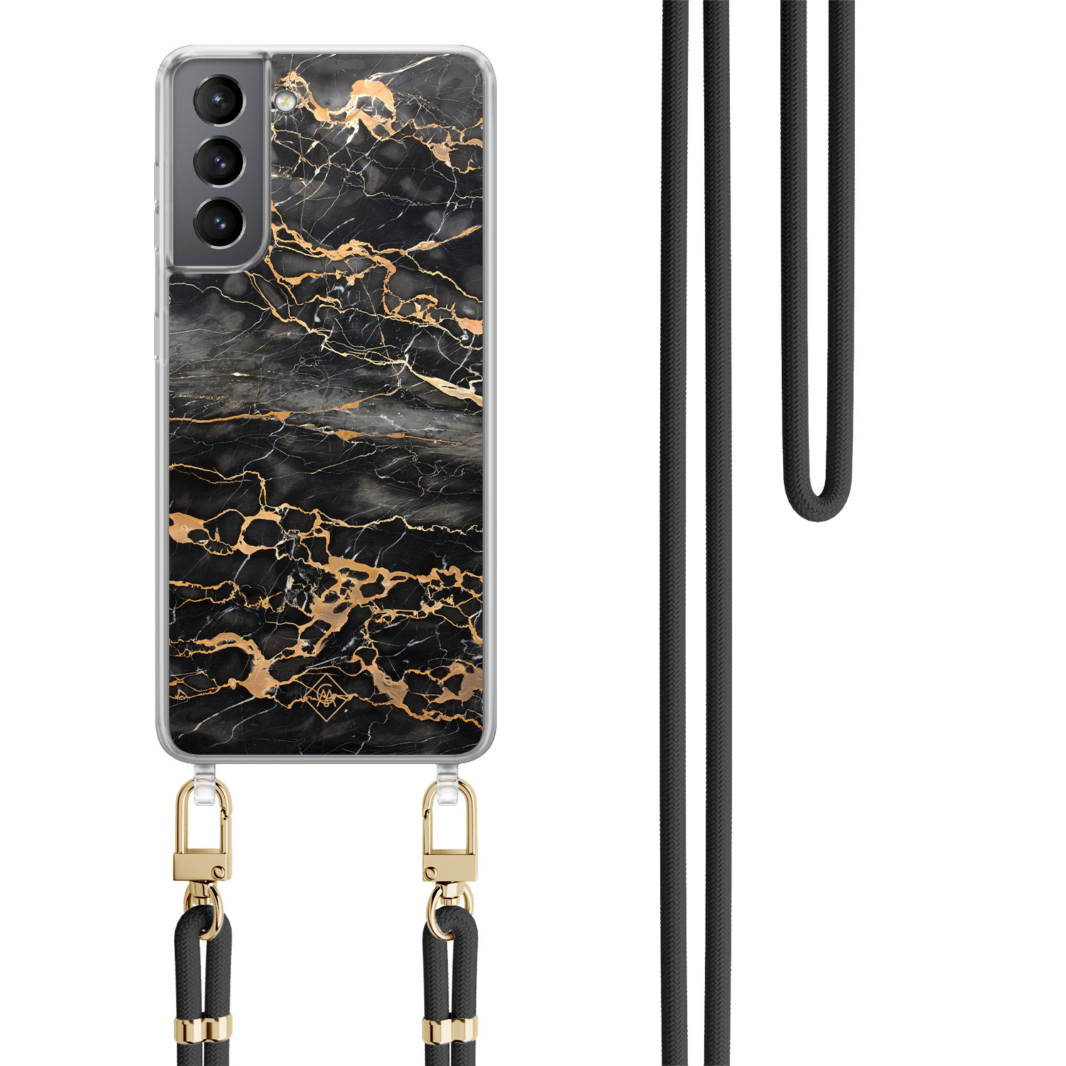 Samsung Galaxy S21 Plus hoesje met zwart koord Marmer grijs brons