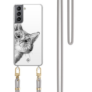 Casimoda Samsung Galaxy S21 Plus hoesje met grijs koord - Peekaboo kat
