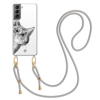 Casimoda Samsung Galaxy S21 Plus hoesje met grijs koord - Peekaboo kat