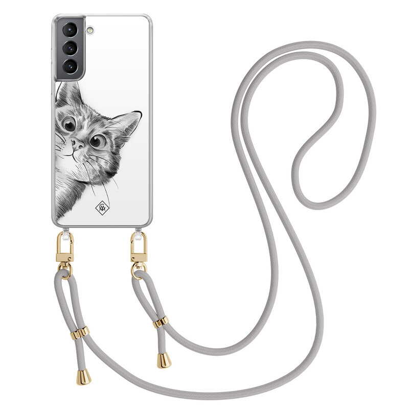 Casimoda Samsung Galaxy S21 Plus hoesje met grijs koord - Peekaboo kat
