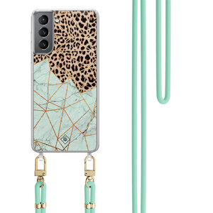 Casimoda Samsung Galaxy S21 Plus hoesje met mint koord - Luipaard marmer mint