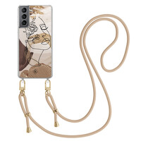 Casimoda Samsung Galaxy S21 Plus hoesje met beige koord - Abstract gezicht bruin