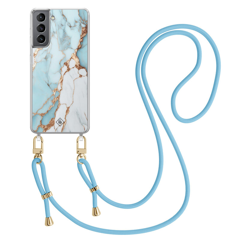 Casimoda Samsung Galaxy S21 Plus hoesje met blauw koord - Marmer lichtblauw