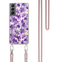 Casimoda Samsung Galaxy S21 Plus hoesje met rosegoud koord - Floral violet
