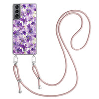 Casimoda Samsung Galaxy S21 Plus hoesje met rosegoud koord - Floral violet