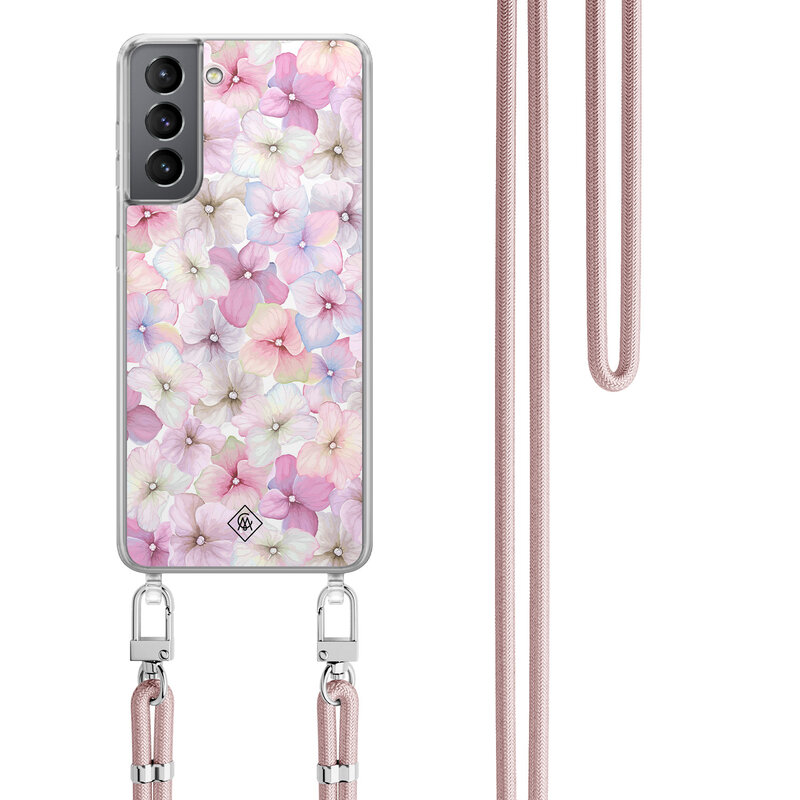 Casimoda Samsung Galaxy S21 Plus hoesje met rosegoud koord - Hortensia