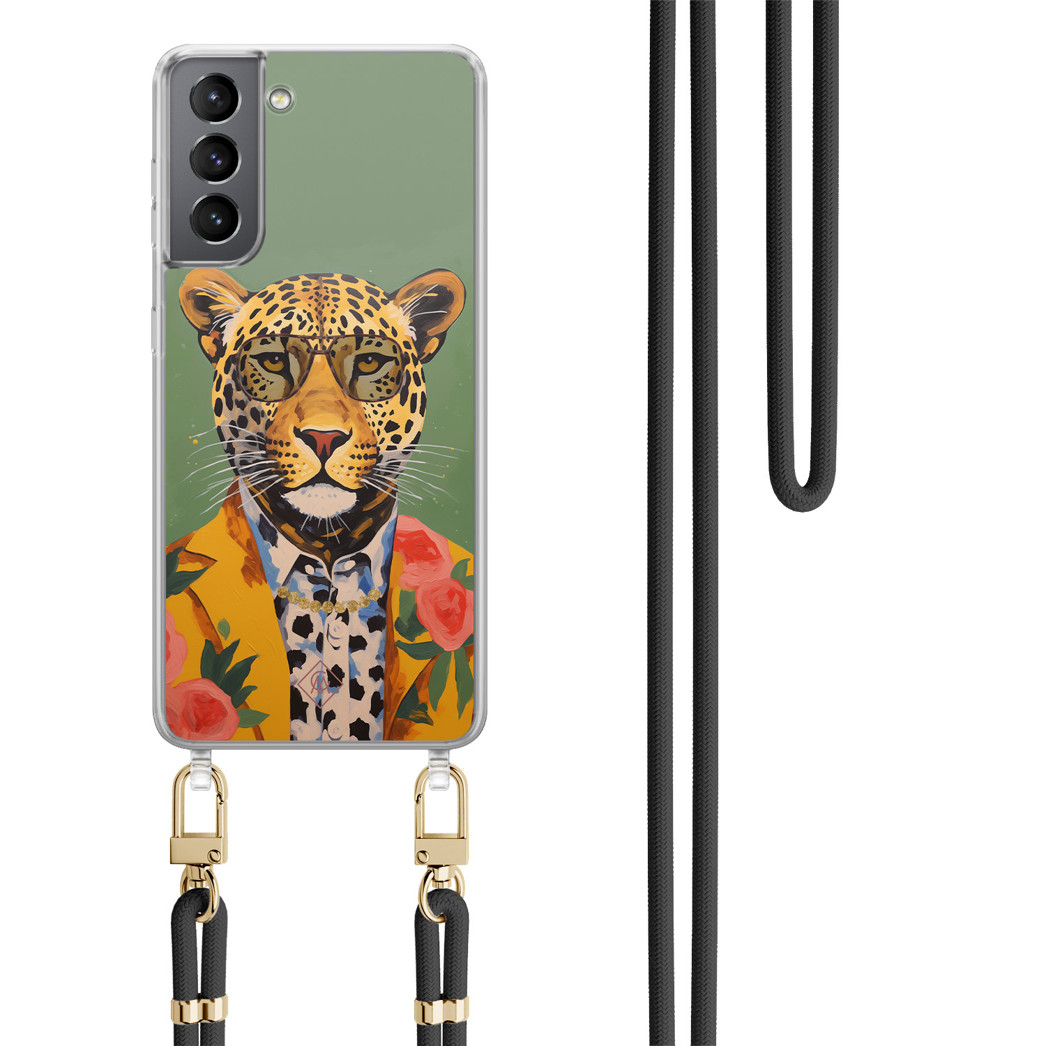 Samsung Galaxy S21 Plus hoesje met zwart koord Luipaard hipster