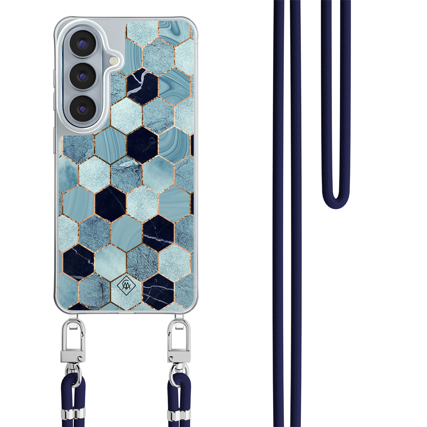 Samsung Galaxy S26 hoesje met donkerblauw koord Blue cubes
