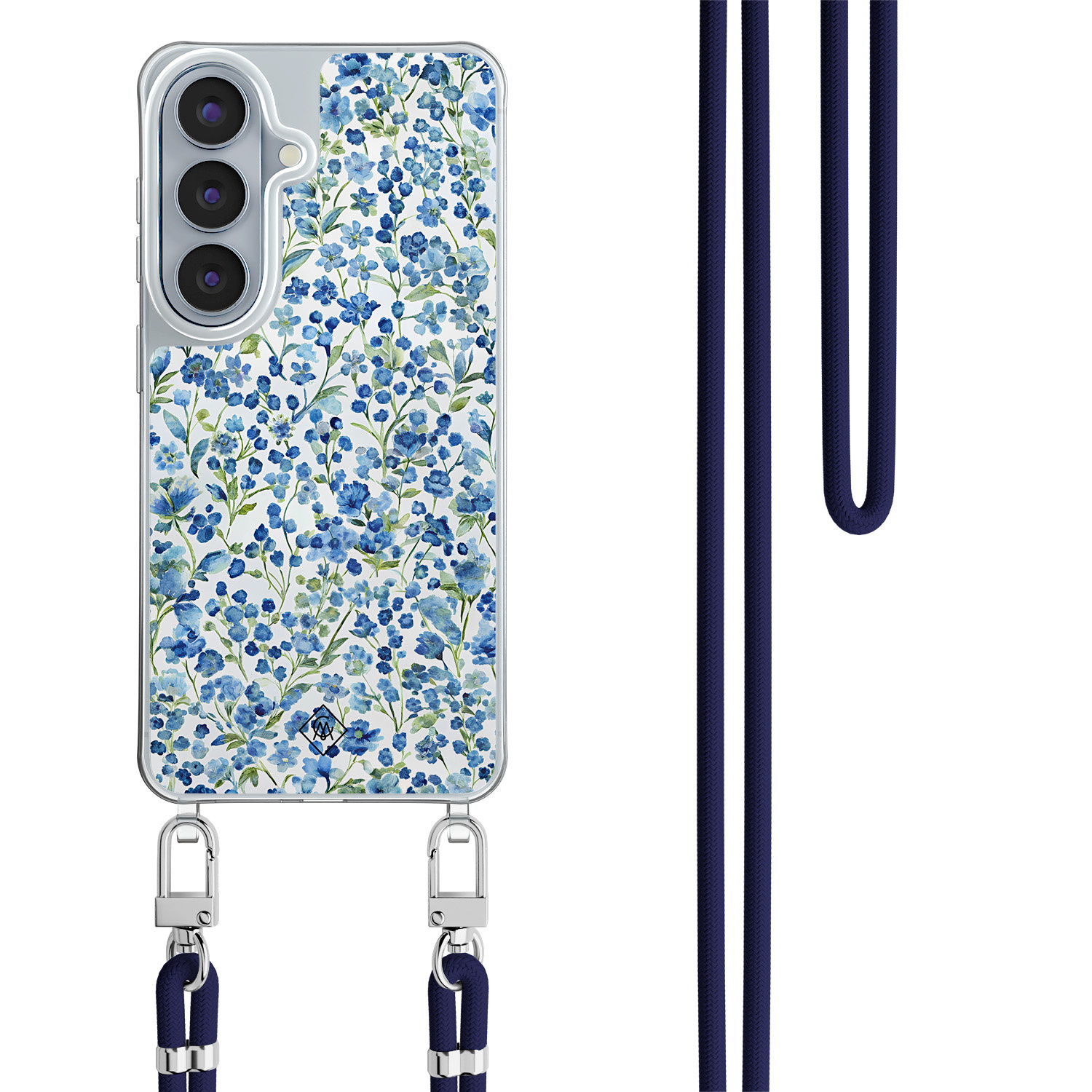 Samsung Galaxy S26 hoesje met donkerblauw koord Vintage blue floral