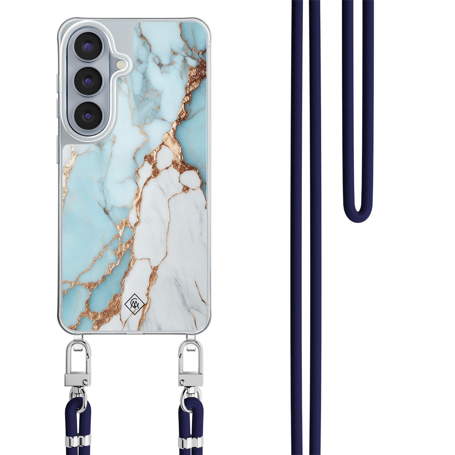 Samsung Galaxy S26 hoesje met donkerblauw koord Marmer lichtblauw