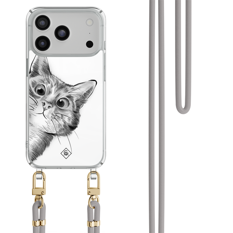 Casimoda iPhone 18 Pro hoesje met grijs koord - Peekaboo kat