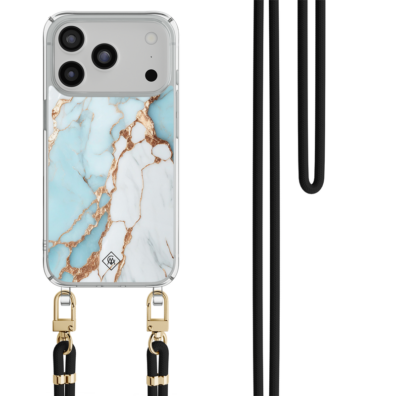 Casimoda iPhone 18 Pro hoesje met zwart koord - Marmer lichtblauw
