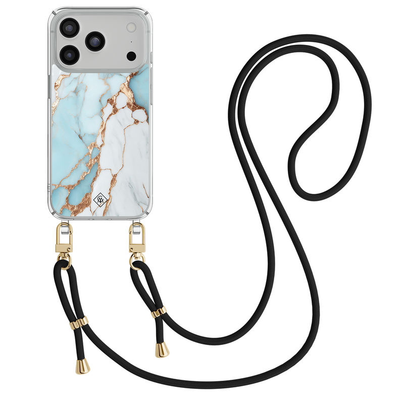 Casimoda iPhone 18 Pro hoesje met zwart koord - Marmer lichtblauw