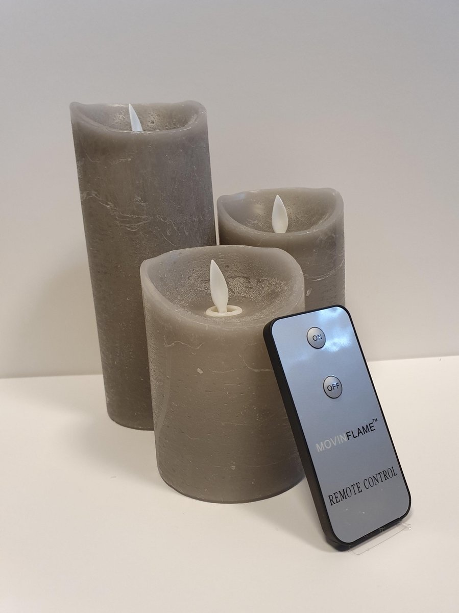 Waskaars lichtgrijs Led set van 3 met afstandsbediening en timer met bewegende vlam