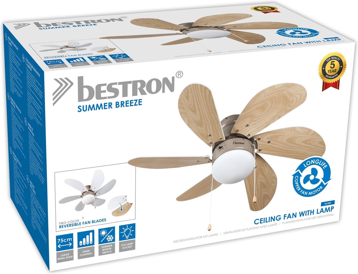 BESTRON DC30T PLAFONDVENTILATOR MET VERLICHTING 75 CM WIT / HOUT 50 WATT