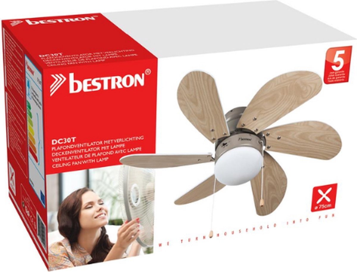 BESTRON DC30T PLAFONDVENTILATOR MET VERLICHTING 75 CM WIT / HOUT 50 WATT