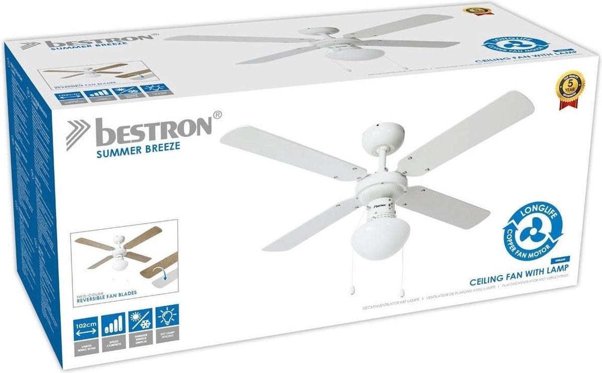 BESTRON DHB48W PLAFONDVENTILATOR 102 CM WIT / AHORN 50 WATT MET VERLICHTING (E27 FITTING)